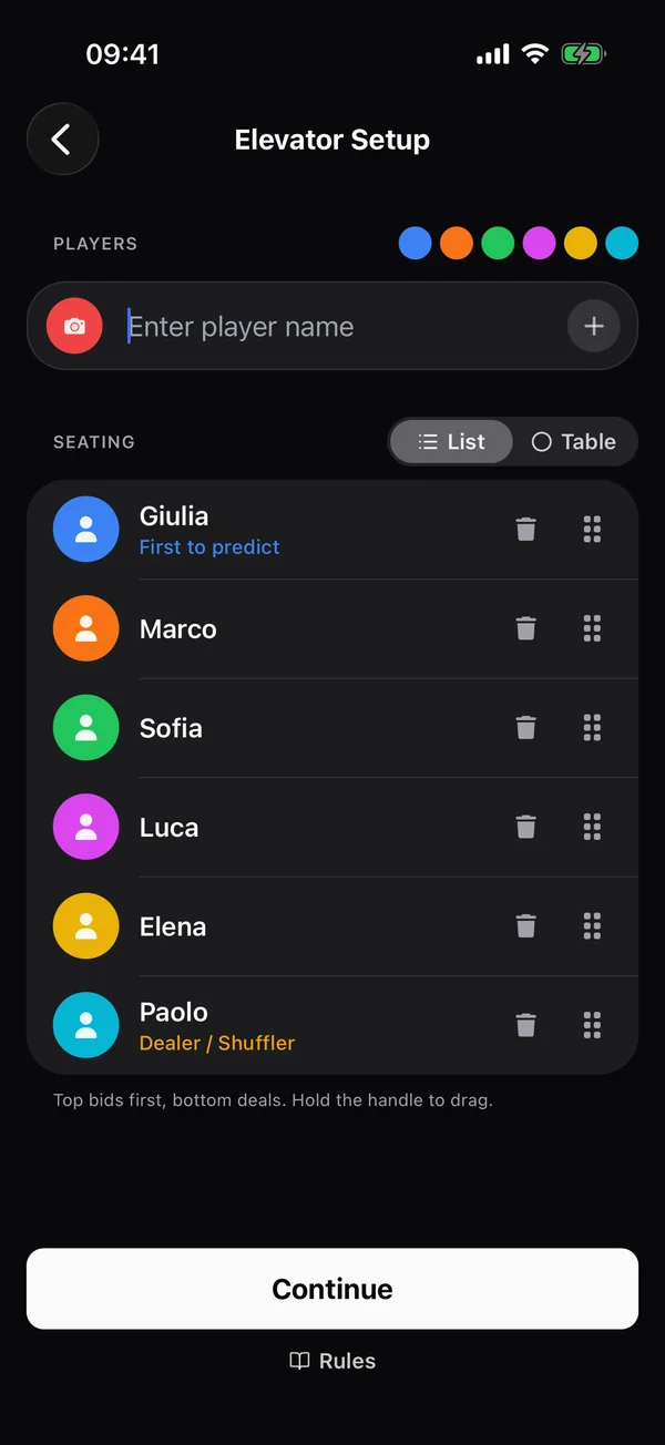 Setup: seating order, dealer and colours